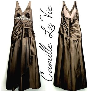 Camille La Vie Brown Halter Gown  Embellished with Rhinestones and Beads